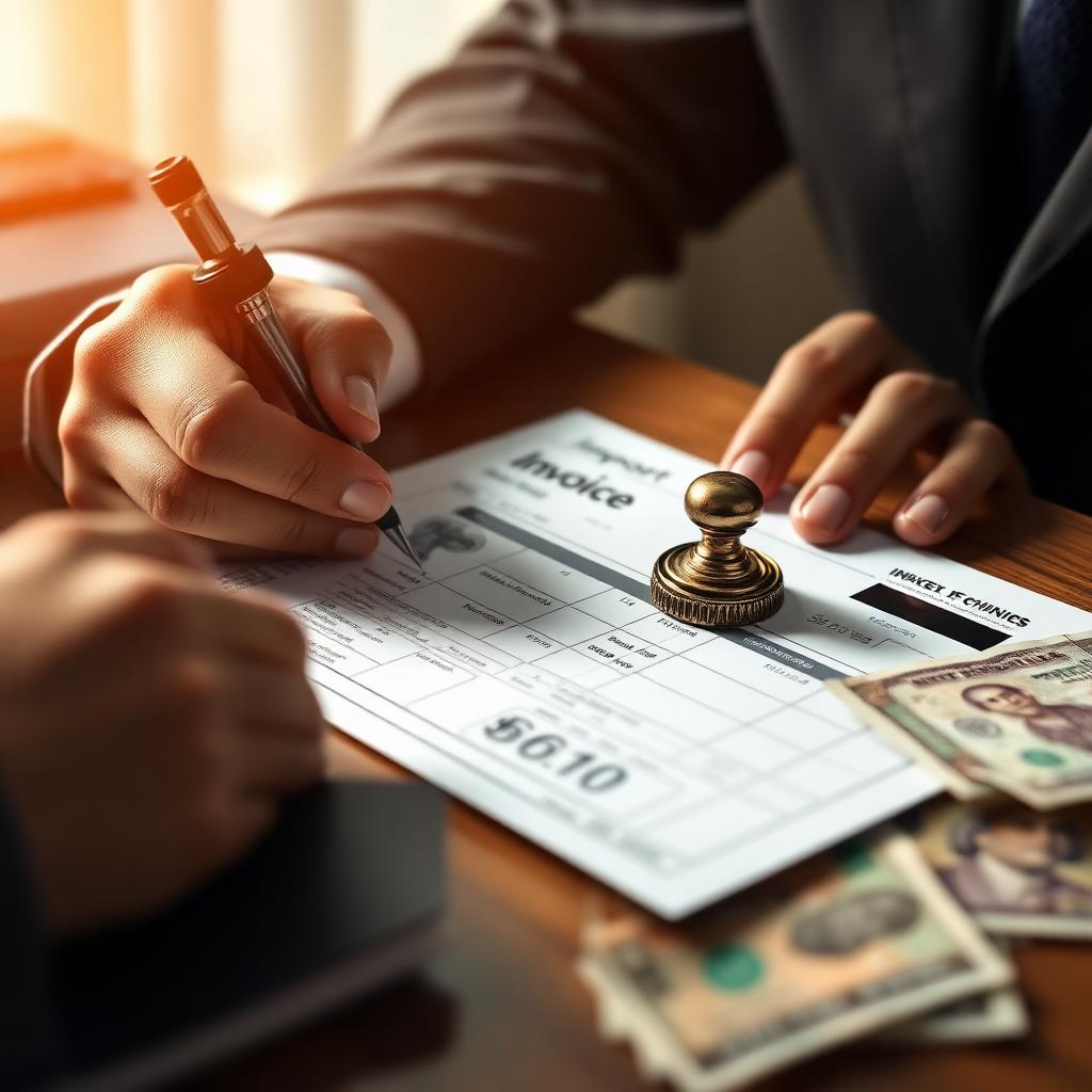 Signing an export commercial invoice with stamp