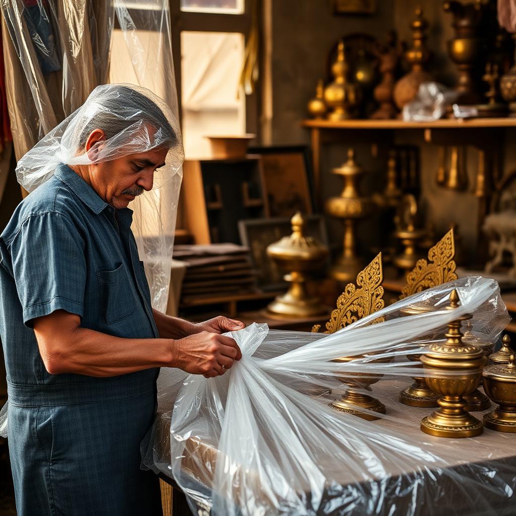Jaipur artisan packing brass handicrafts for shipment