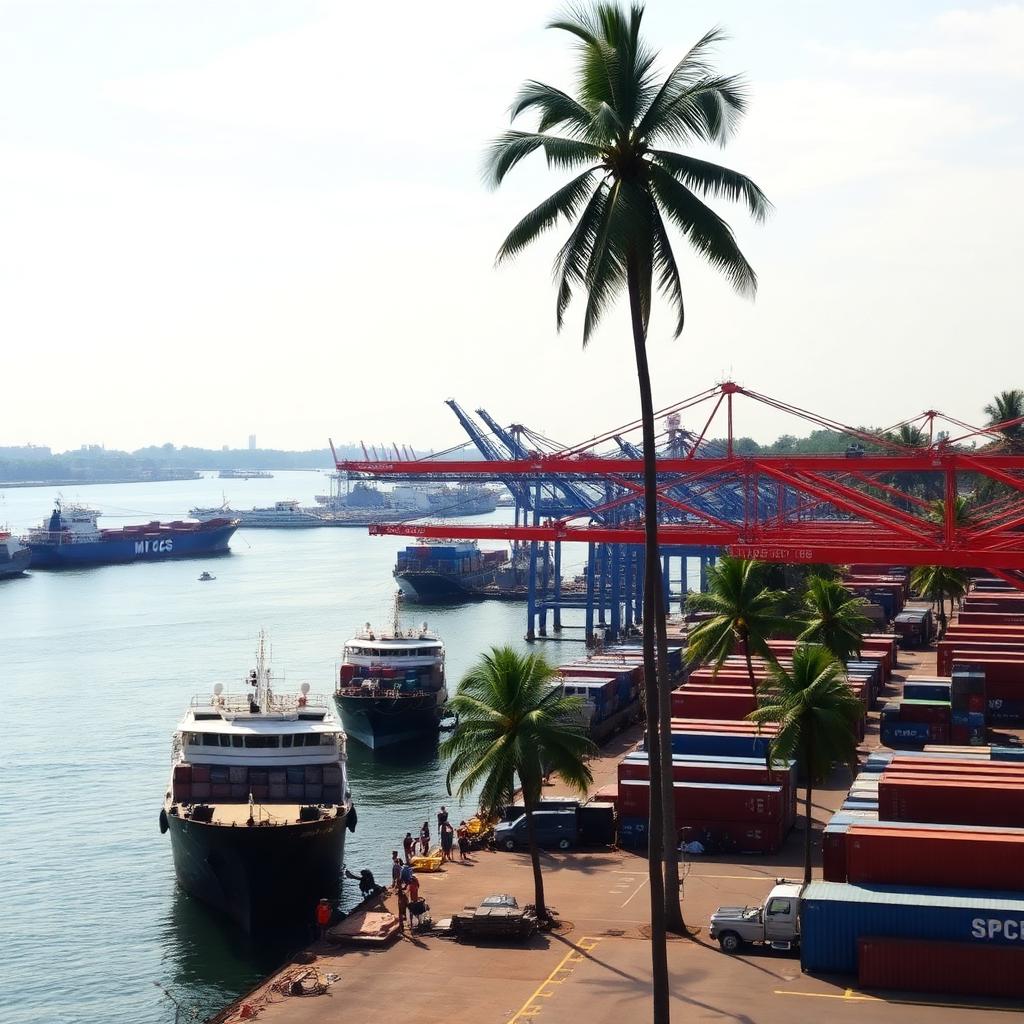 Cochin Port container terminal with palm trees
