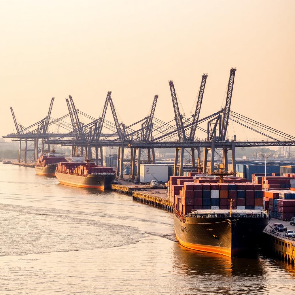 Kolkata Haldia riverside cargo port at sunrise