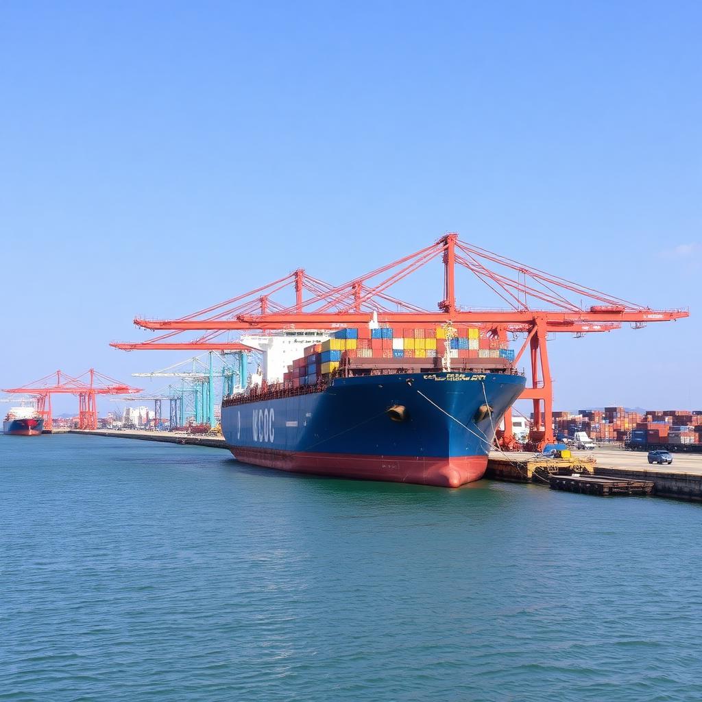 Container ship docked at Visakhapatnam Port cranes