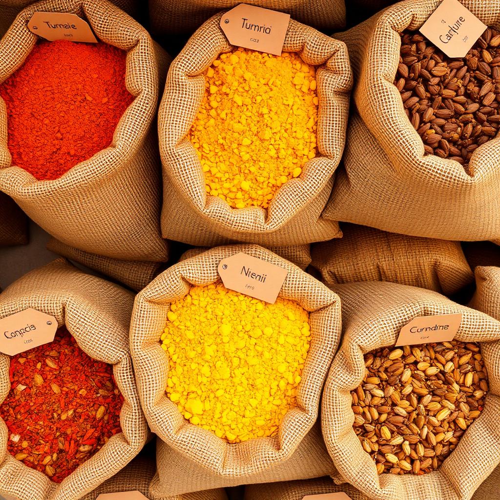 Indian spices in burlap sacks for export